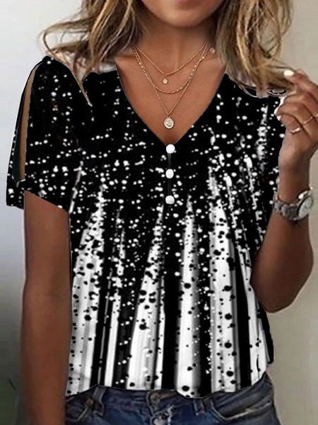

Casual Color Block V Neck Short Sleeve T-shirt, Black, T-shirts