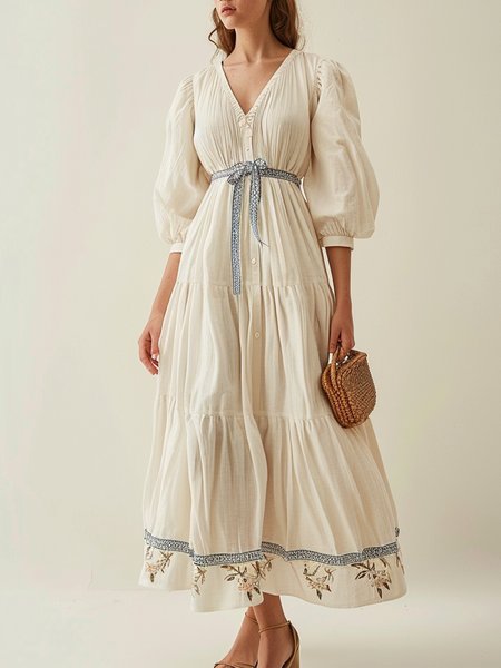 

Women's Half Sleeve Summer Floral Linen Dress V Neck Vacation Going Out Linen Maxi H-Line Shirt Dress As Picture, Dresses