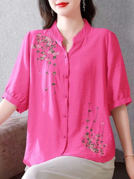 

Stand Collar Loose Casual Blouse, Deep pink, Blouses & Shirts