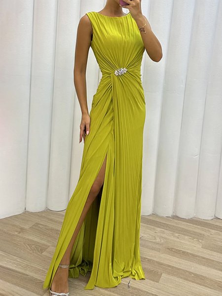 

Crew Neck Elegant Plain Sleeveless Regular Fit Maxi Dress, Yellow, Maxi Dresses
