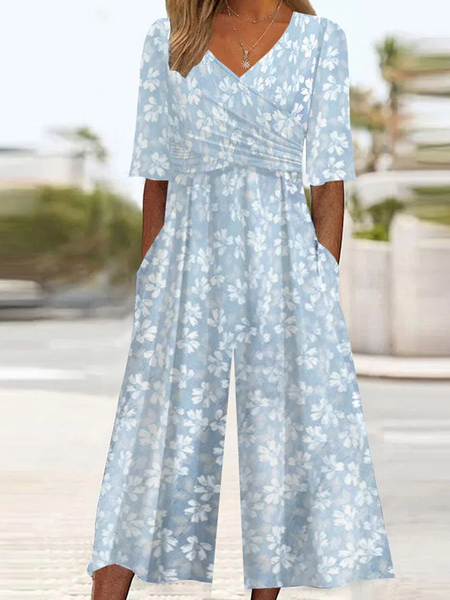 

Women Short Sleeve V Neck Loose Ankle Pants Daily Casual Floral Natural Jumpsuit, Blue, Jumpsuits&Rompers