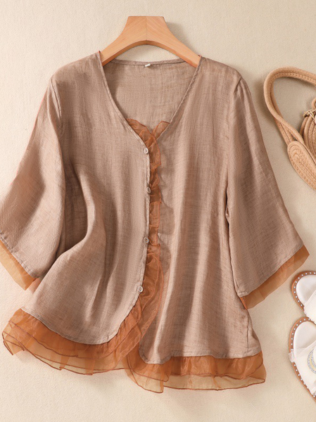 

Polyester Cotton Casual V Neck Blouse, Orange, Blouses & Shirts