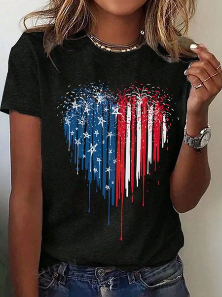 

Casual Heart/Cordate Crew Neck Short Sleeve T-shirt, Black, T-shirts