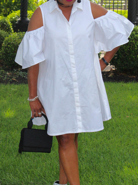 

Urban Loose Shirt Collar Short Sleeve Short Dress, White, Mini Dresses