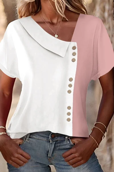 

Loose Casual Color Block Blouse, White-pink, Blouses & Shirts