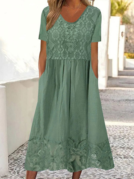 Women Plain Crew Neck Short Sleeve Comfy Casual Lace Maxi Dress, Green, Dresses