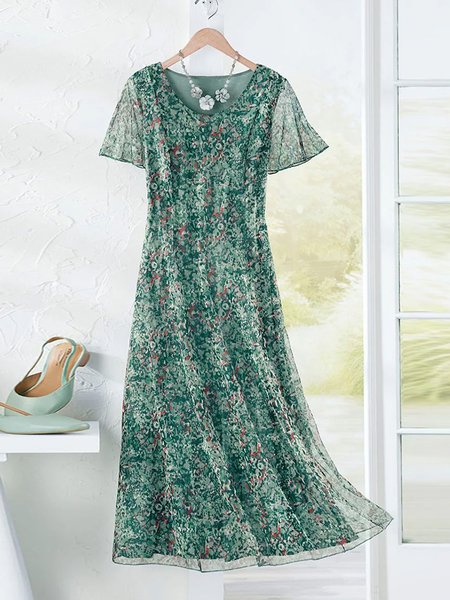 Women Small Floral Crew Neck Short Sleeve Comfy Boho Maxi Dress, Green, Dresses