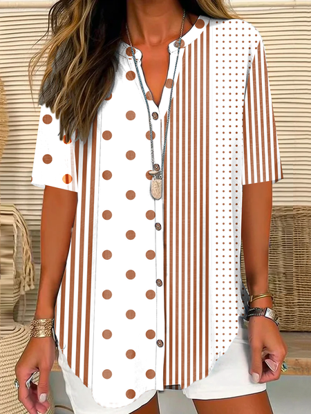 

Casual Striped Buttoned Shirt Collar Blouse, White-brown, Blouses & Shirts