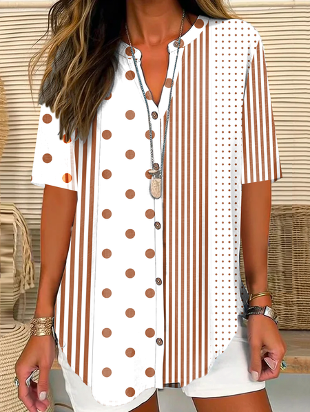

Shirt Collar Short Sleeve Striped Buttoned Regular Loose TUNIC Blouse For Women, White-brown, Blouses