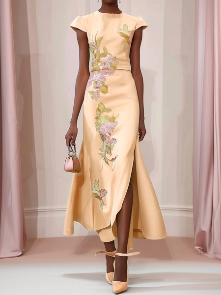 

Women's Cap Sleeve Summer Floral Embroidery Dress Crew Neck Cocktail Going Out Urban Maxi A-Line, Apricot, Dresses