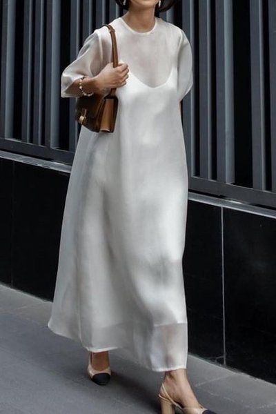 

Crew Neck Plain Urban Loose Dress, White, Maxi Dresses