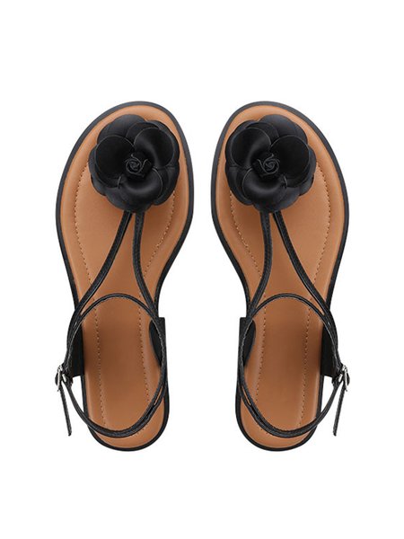 

Elegant Camellia Ankle Strap Thong Sandals, Black, Sandals