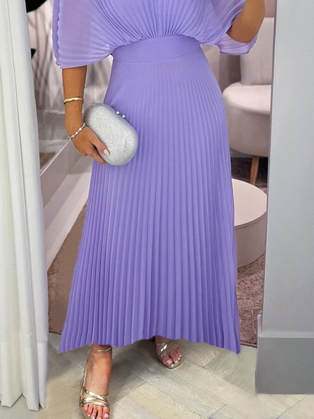 Elegant Pleated Regular Fit Plain Maxi Skirt, Purple, Skirts