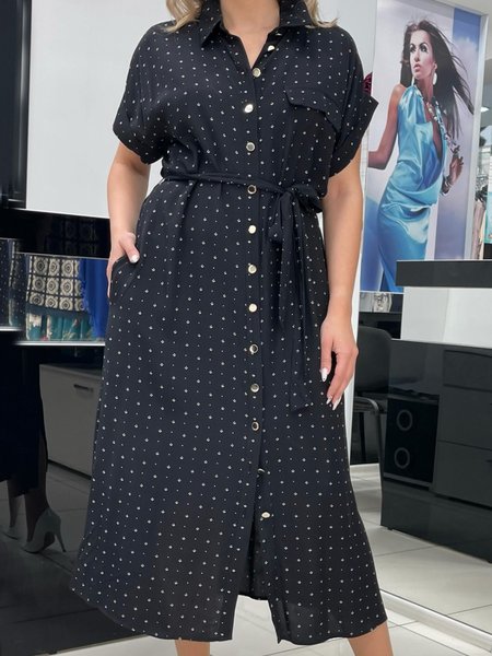 

Women Polka Dots Shirt Collar Short Sleeve Comfy Casual Midi Dress, Deep blue, Dresses