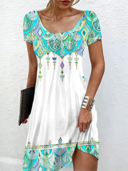 

Women Ethnic Crew Neck Short Sleeve Comfy Casual Short Dress, White, Dresses