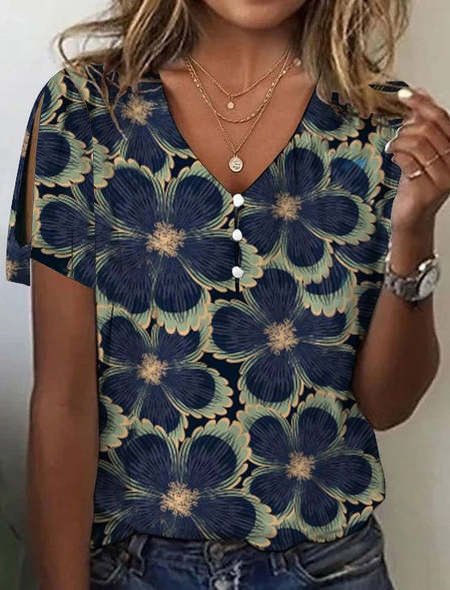

Women's Short Sleeve Tee T-shirt Summer Floral Buckle V Neck Casual Top, Blue, T-Shirts
