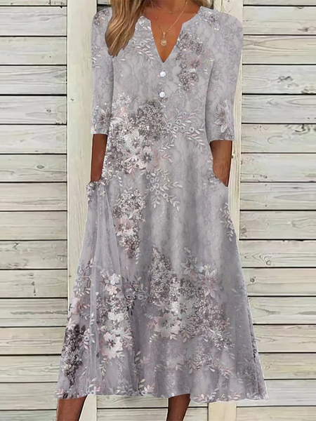 

Women Floral Notched Short Sleeve Comfy Casual Maxi Dress, Gray, Dresses