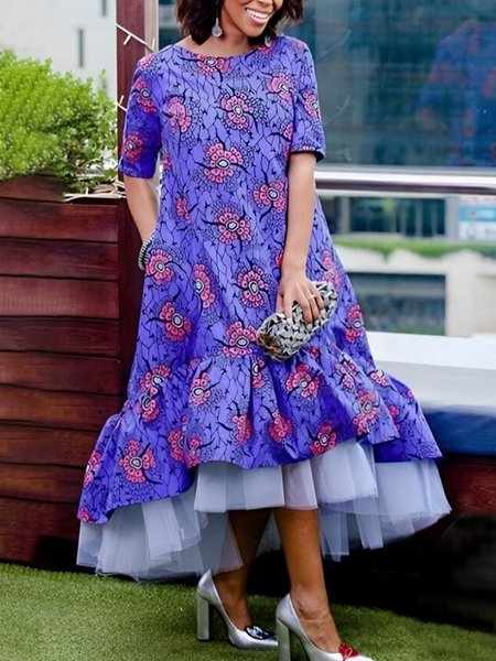 

Elegant Crew Neck Random Print Loose Maxi Dress, Purple, Maxi Dresses