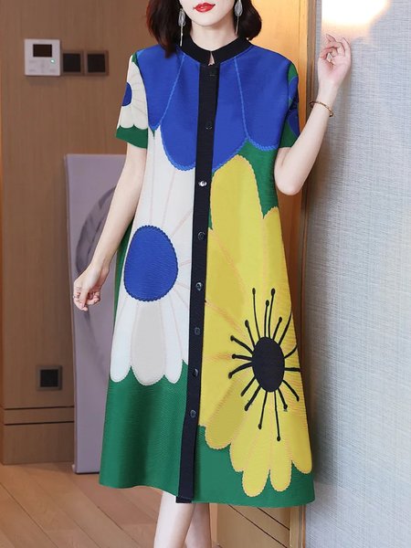 

Loose Vacation Floral Shirt Collar Dress, As picture, Midi Dresses