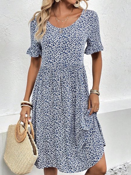

Women Small Floral Crew Neck Short Sleeve Comfy Casual Short Dress, Blue, Dresses