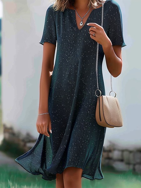 

Women's Short Sleeve Summer Dark Blue Polka Dots V Neck Daily Casual Midi Dress, Dresses