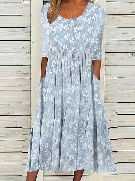 

Women Floral Crew Neck Half Sleeve Comfy Casual Maxi Dress, Blue, Dresses