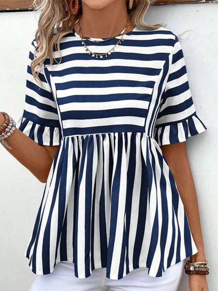 

Women's Short Sleeve Shirt Summer Blue Striped Crew Neck Daily Going Out Casual Top, Shirts & Blouses