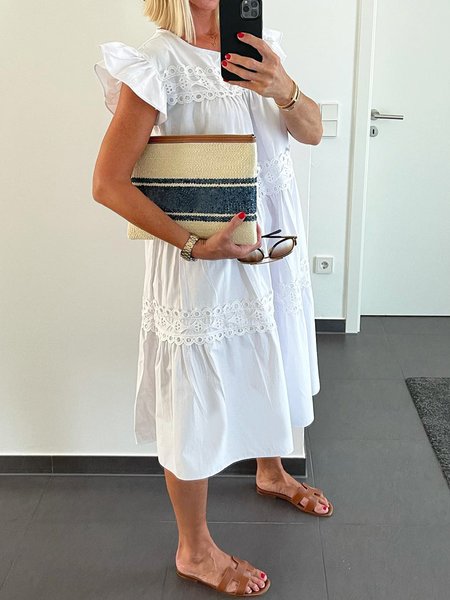 

Lace Edge Crew Neck Casual Short Sleeve Plain Dress, White, Midi Dresses
