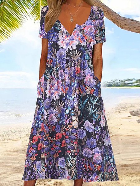 

Women Floral Crew Neck Short Sleeve Comfy Casual Maxi Dress, Blue, Dresses