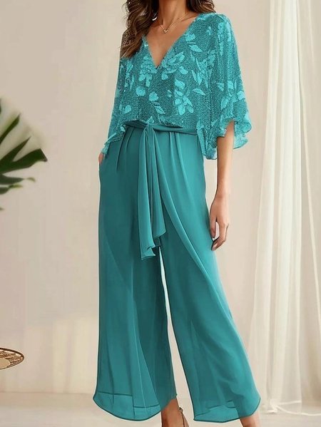 Women's Lace up Floral Holiday Chiffon Going Out Two Piece Set Casual Summer Top With Pants Matching Set