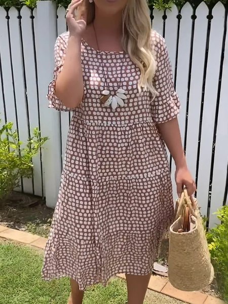 

Women Polka Dots Crew Neck Half Sleeve Comfy Casual Midi Dress, Khaki, Dresses