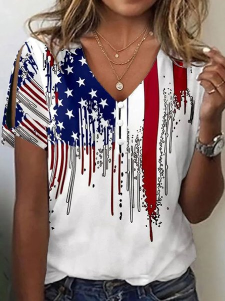 

Women's Short Sleeve Tee/T-shirt Summer America Flag V Neck Daily Going Out Casual Top White, T-Shirts