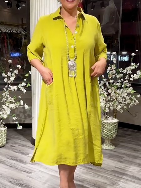 

Women Plain V Neck Half Sleeve Comfy Casual Midi Dress, Yellow, Dresses