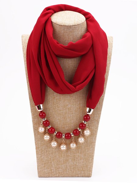 Elegant Imitation Pearl Eecklace Chiffon Scarf, Wine red, Scarves