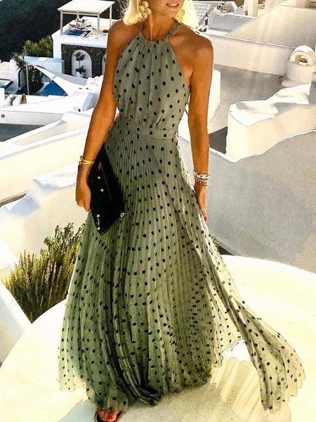 

Women Polka Dots Halter Sleeveless Comfy Casual Maxi Dress, Green, Dresses