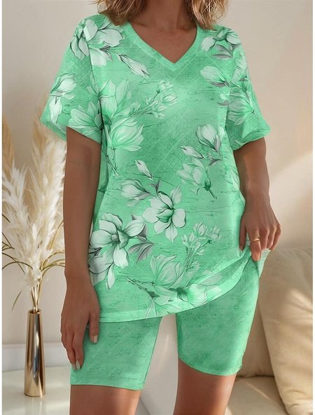 

Floral Casual V Neck Two-Piece Set, Green, Suit Set