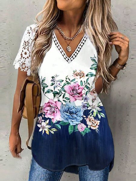 

V Neck Short Sleeve Floral Lace Lightweight Micro-Elasticity Loose Mock Two-Piece Shirt For Women, Blue, Blouses