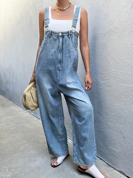 Denim Loose Daily Casual Pockets Bib Pants, Blue, Jumpsuits