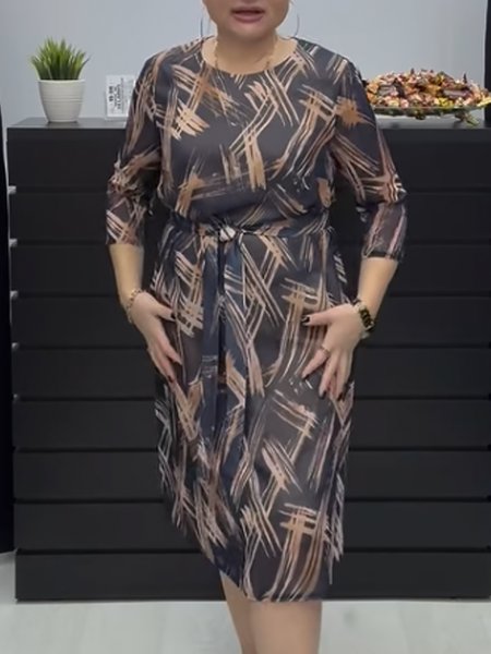

Women Abstract Stripes Halter Three Quarter Sleeve Comfy Casual Midi Dress, Khaki, Dresses