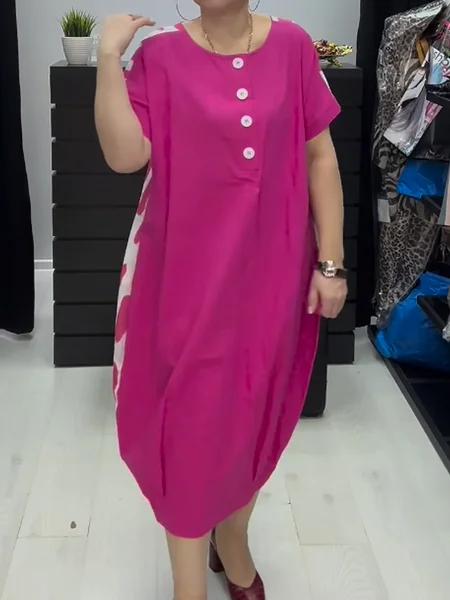 

Women Plain Crew Neck Short Sleeve Comfy Casual Midi Dress, Rose red, Dresses