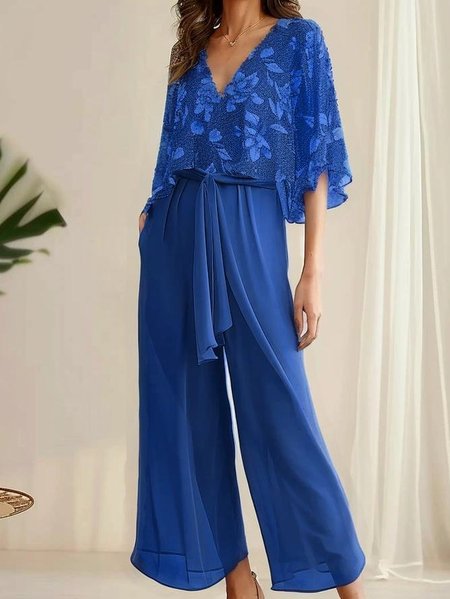 Women's Lace up Floral Holiday Chiffon Going Out Two Piece Set Casual Summer Top With Pants Matching Set