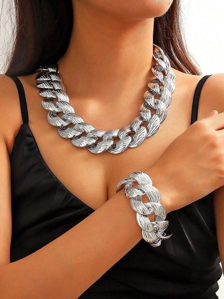 

2pcs/set Exaggerated Chain Jewelry Set, Silver, Jewelry