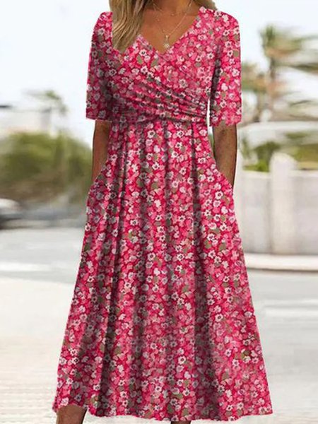 

Women Small Floral V Neck Short Sleeve Comfy Casual Maxi Dress, Red, Dresses