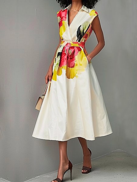 

V Neck Elegant Regular Fit Pockets Floral Midi Dress, As picture, Midi Dresses