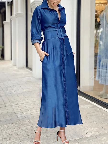 

Loose Plain Shirt Collar Long Sleeve Urban faux denim Maxi Dress With Belt, Denim blue, Maxi Dresses