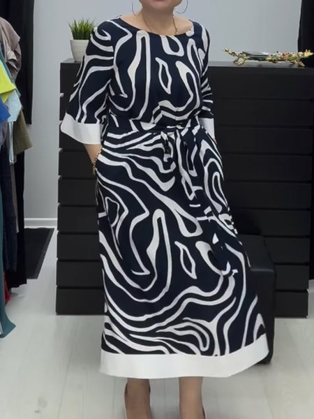 

Women Abstract Crew Neck Half Sleeve Comfy Casual Maxi Dress, Black, Dresses