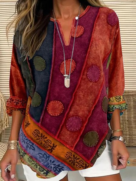 

Notched Long Sleeve Ethnic Geometry Regular Loose Shirt For Women, Red, Blouses