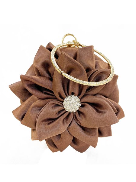 

Elegant Rhinestone Flower Handle Bag Satin Circle Clutch Bag with Chain, Coffee, Bags