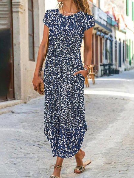 

Women Small Floral Crew Neck Cap Sleeve Comfy Casual Maxi Dress, Dark blue, Dresses