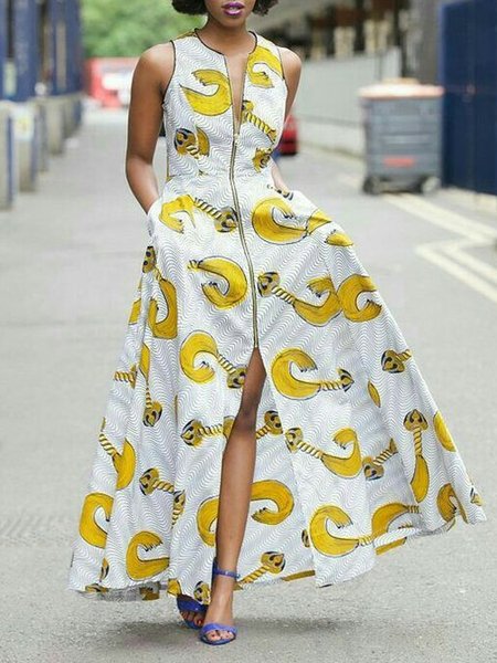 

Regular Fit Crew Neck Sleeveless Vacation Maxi Dress, Yellow, Maxi Dresses